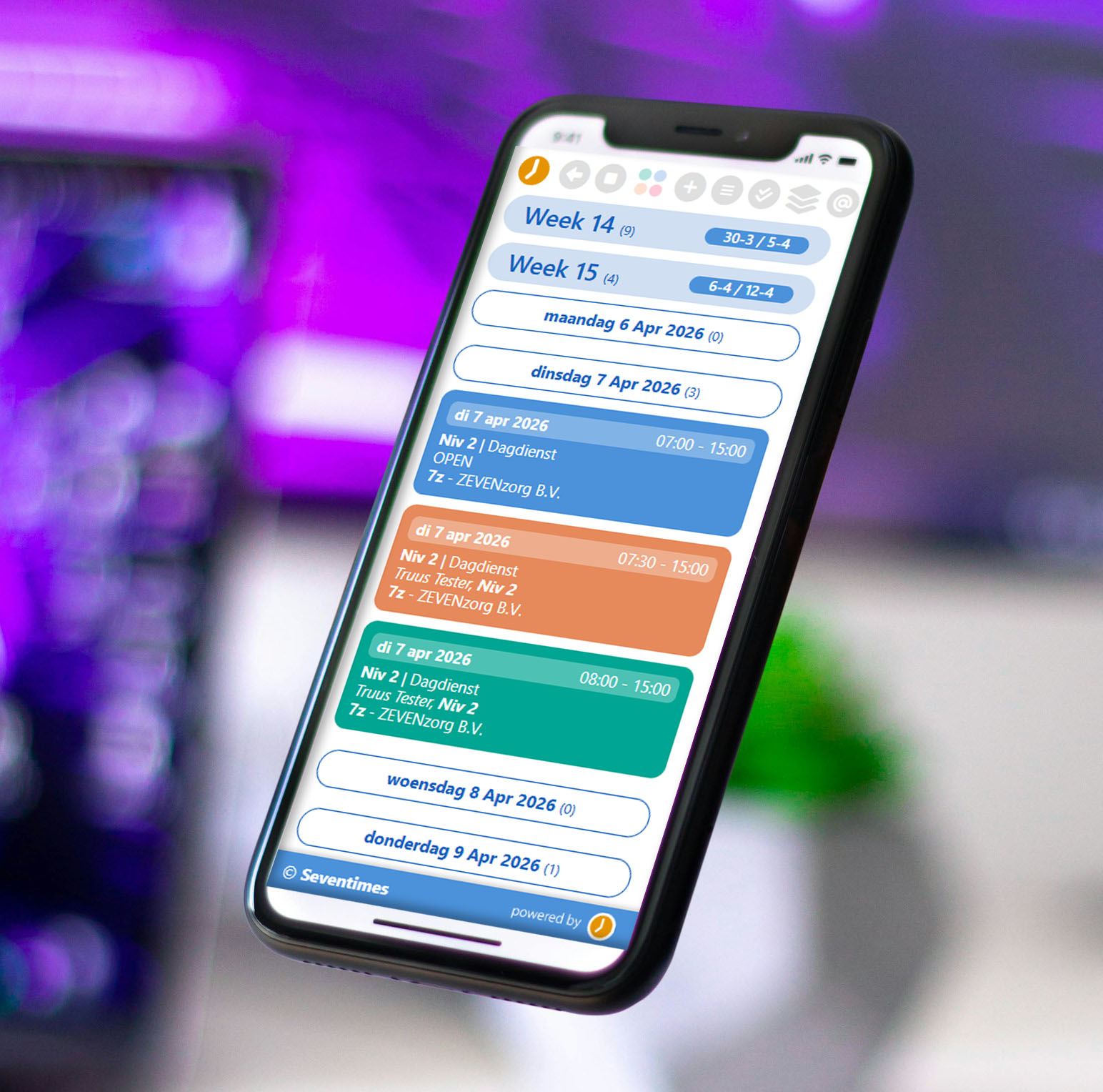 Seventimes app met diensten in de weekplanning